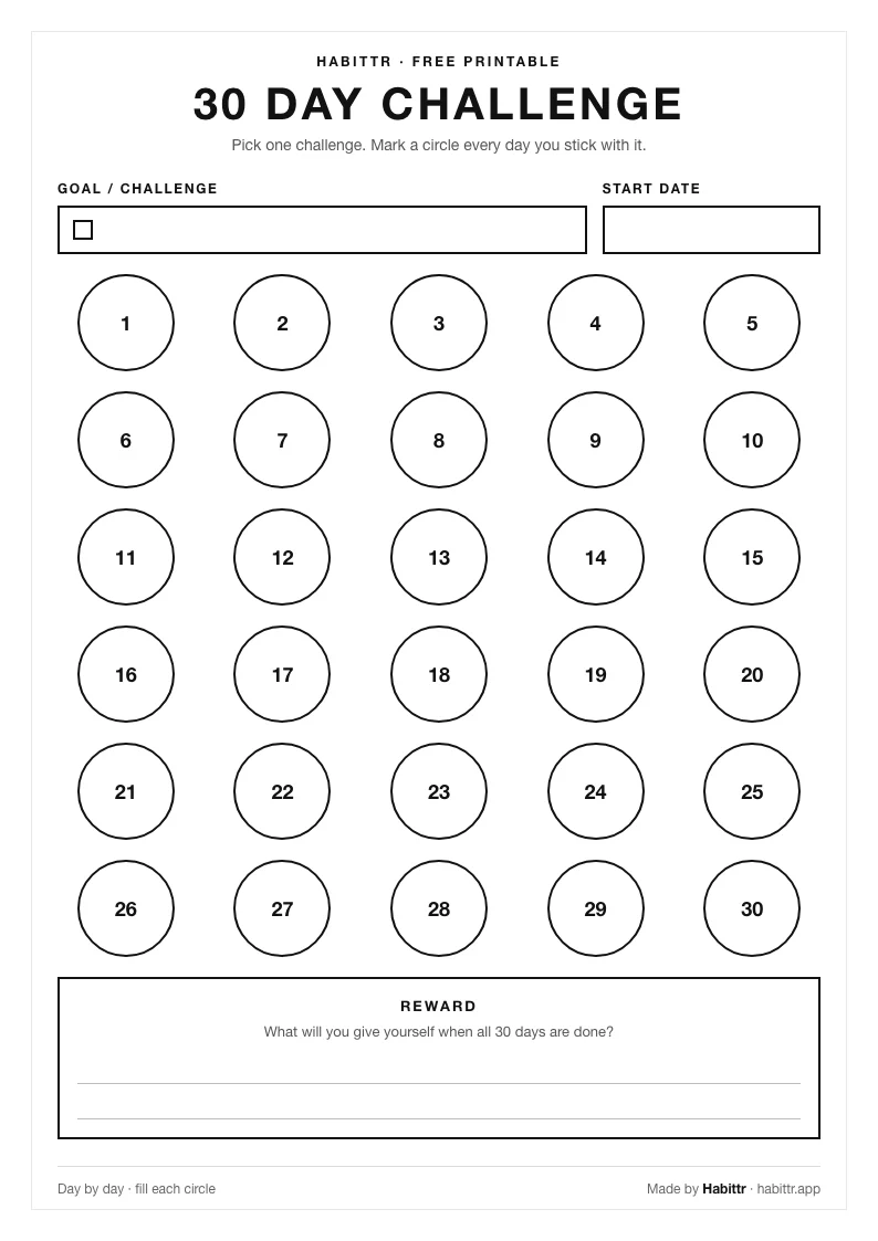 Preview of the Habittr 30-Day Challenge printable PDF