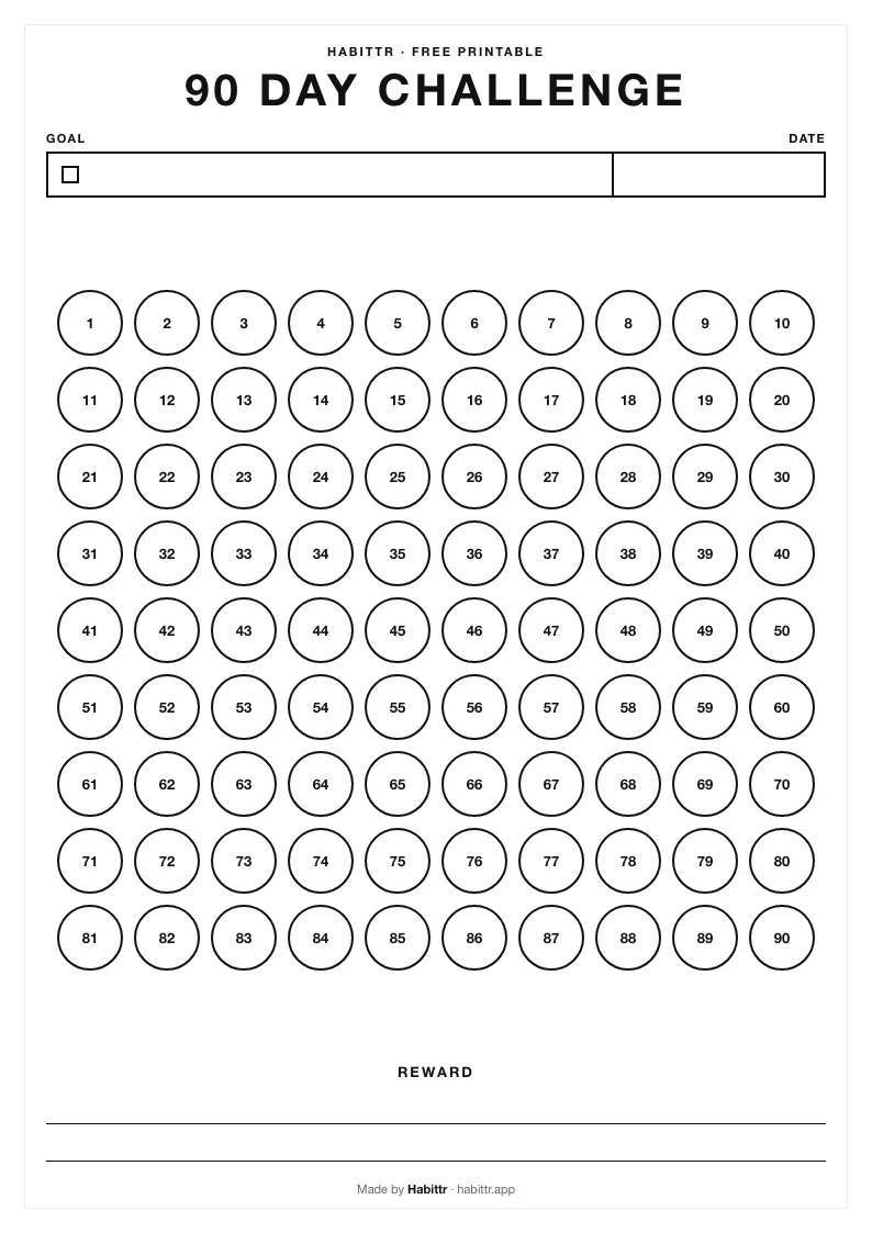 Preview of the Habittr 90-Day Challenge printable PDF
