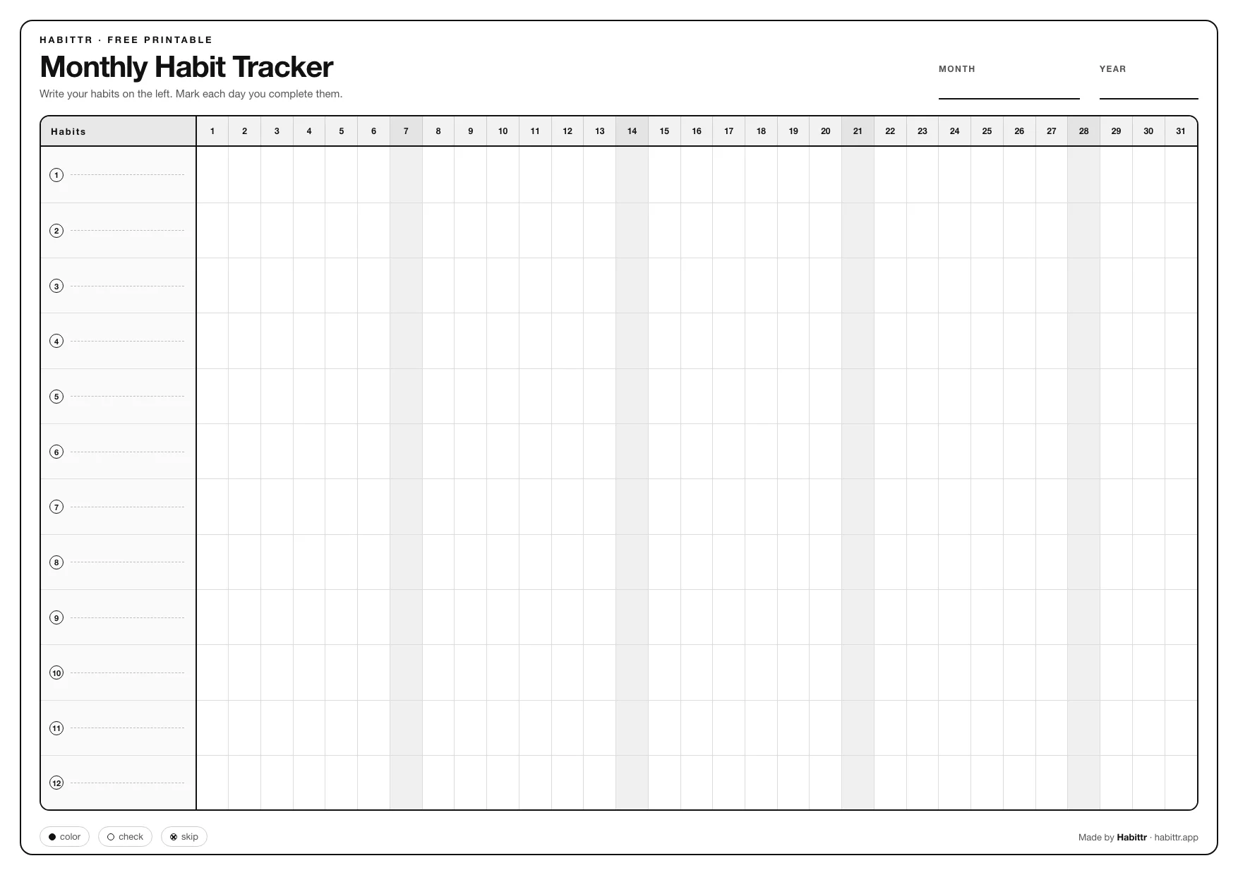 Preview of the Habittr Monthly Habit Tracker printable PDF
